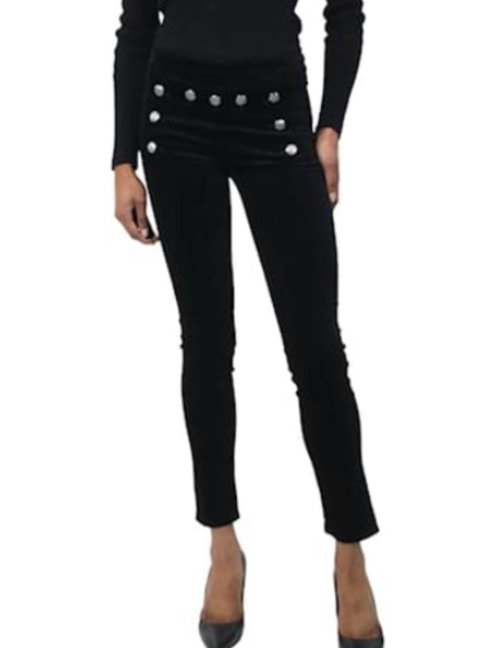Veronica Beard Black Velvet Skinny Sailor-Button Pants with Back Zipper